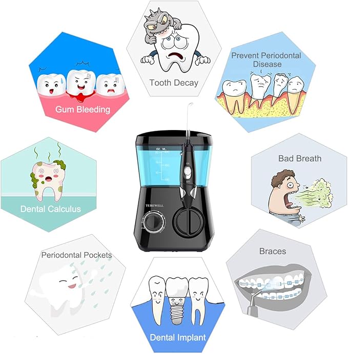 TUREWELL Water Flossing Oral Irrigator, 600ML Dental Teeth Cleaner 10 Adjustable Pressure, Electric Oral Flosser for Braces, 8 Replacement Jet Tips for Family (Black)