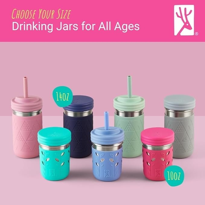 Elk and Friends 14oz Stainless Steel Kids + Toddler Drinking Cups | The Original Mason Jar with Sleeves + Lids | Silicone Straws | Smoothies | Storage Jar | Spill Resistant | Dishwasher Safe | 2 Pack