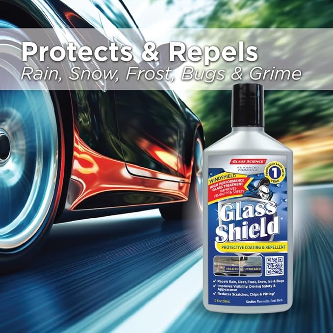 Glass Shield Windshield Rain Repellent Coating with Cleaner - Auto Detailing Kit - Repels Rain, Sleet, Snow, Bugs - 3 pack