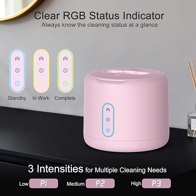 Ultrasonic Retainer Cleaner Machine, IPX6 Waterproof Denture Cleaner, 3 Modes Dental Cleaning Pod with RGB Indicator, 45kHz UV for Mouth Guards, 200ML Tank, Pink