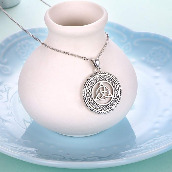DAOCHONG 925 Sterling Silver Jewelry Oxidized Good Luck Irish Knot Celtic Medallion Round Pendant Necklace, 20 inch