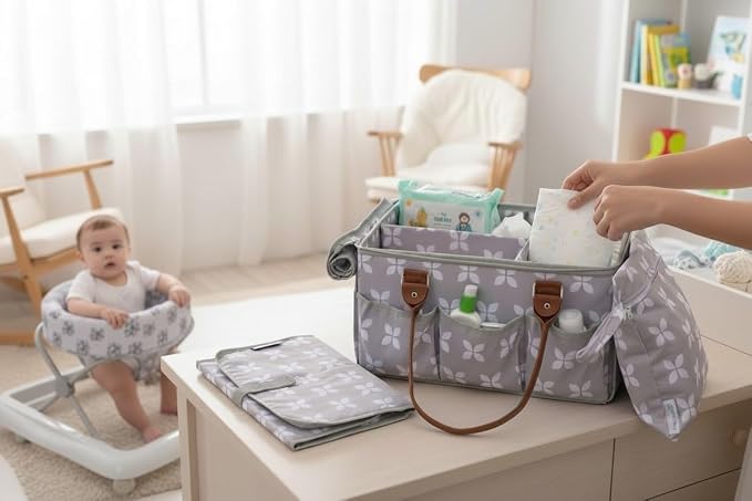 Moteph Diaper Caddy with Changing Mat, Large Baby Diaper Caddy Organizer with Lid, Portable Organizer Basket for Baby Essentials, Roll-Up Lid, Built-In Changing Mat Pocket