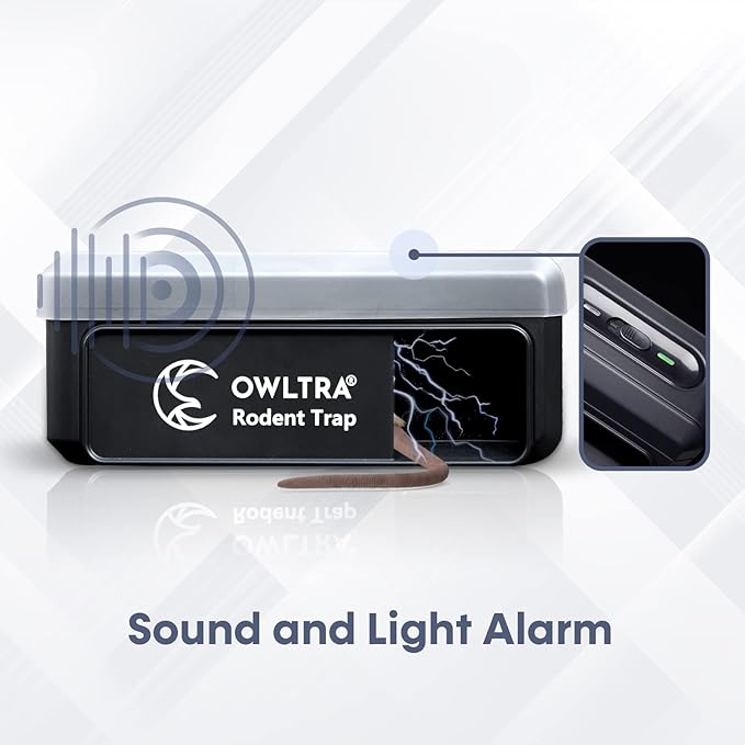 OWLTRA 1 Pack OW-7 in-/Outdoor Electric Rodent Trap, Instant Eliminate Rodent Zapper with Waterproof Cover, Sound & Light Alarm, and Batteries or USB Power Source, Waterproof Grade IPX4, Black