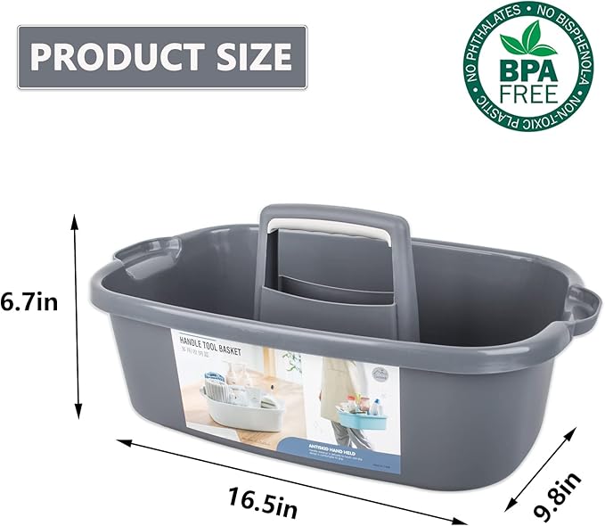 JiatuA Large Cleaning Supplies Organizer with Handle Portable Shower Caddy Basket Plastic Bucket Tool Storage for Bathroom, Bedroom, Kitchen, College Dorm, Under Sink, Garden, Dark Gray & White