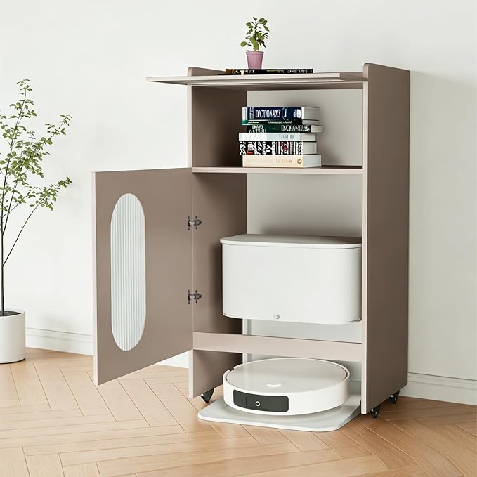Robot Vacuum Stand Cabinet, Wood Storage Cabinet with Wheels & Doors for Robot Vacuum Cleaner, Hidden Storage Cabinet for Living Room, Easy Water Changing