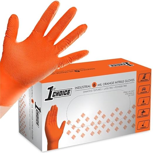 1st Choice 6 mil Orange Gloves, Disposable, Latex Free, Raised Diamond Grip, Mechanic Glove for Men, XXLarge, 1 Box of 100