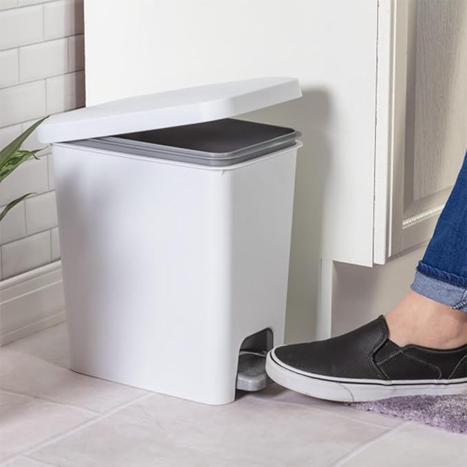 Sterilite 2.7 Gallon Rectangular Step On Kitchen Trash Bin Plastic Indoor Wastebasket with Removable Liner and Bag Holding Feature, White (6 Pack)