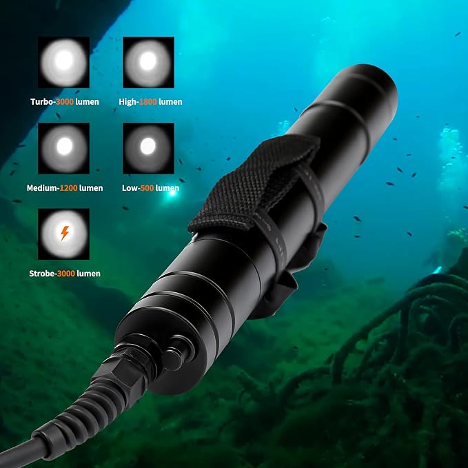WD70 Canister Dive Light - 3000 Lumens Ultra-Bright Technical Diving Flashlight Kit with Adjustable Goodman Handle, 5 Light Modes for Underwater Cave, Wreck, and Deep Sea Diving