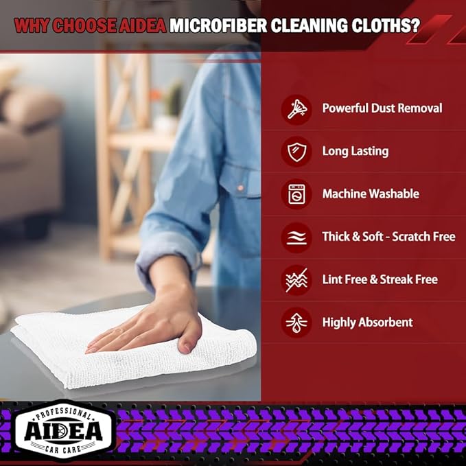AIDEA Microfiber Cleaning Cloth White, 800PK, Microfiber Towels for Cars, Shop Towels Cleaning Rags, Premium Wash Cloths, Absorbent Towel for SUVs, House, Kitchen, Commercial, Cleaning Supplies 12×12"