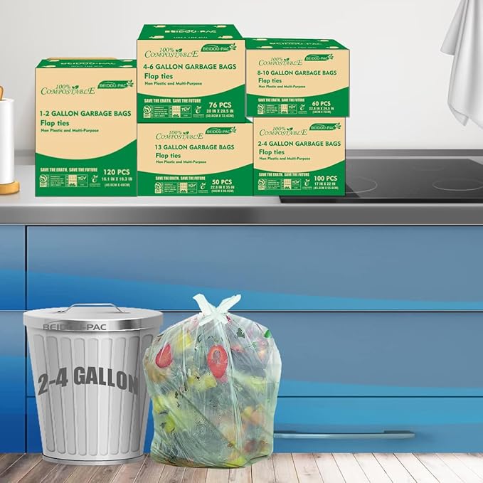BEIDOU-PAC 3 Gallon Flap Tie Compostable Trash Bags, 300 Count Small Compost Bags, Biodegradable Kitchen Garbage Bags, Food Scrap Waste Bags for Countertop Bin, ASTM D6400, US BPI Certified