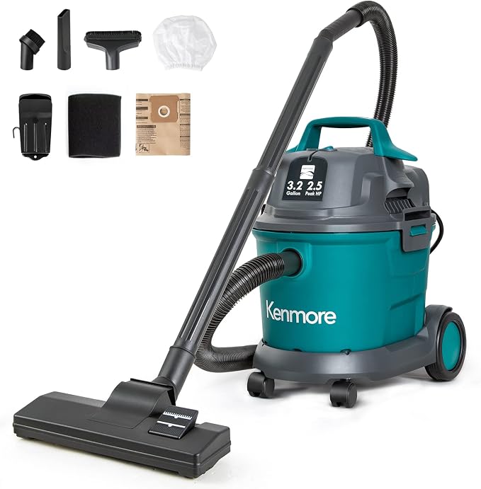 Kenmore KW3030 Wet Dry Canister 3.2 Gallon 2.5 Peak HP Shop Vacuum Cleaner with Extension Wands Tool Storage & Wall Bracket for Garage, Car, Home & Workshop, Green | 2.5 Peak HP, Extension Wands, Tool Storage & Wall Bracket, For Garage, Car, Home