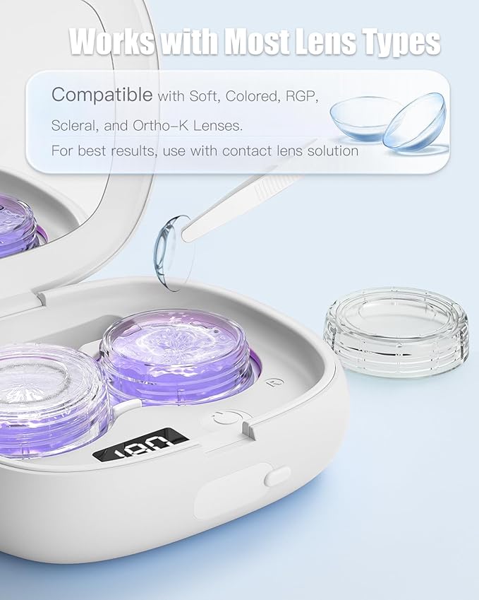 Vastsoon Ultrasonic Contact Lens Cleaner Machine – Portable, Rechargeable Cleaning Kit with 4 Contact Lens Solution Cases, Applicator & Removal Tools – for Travel & Home Use (White)