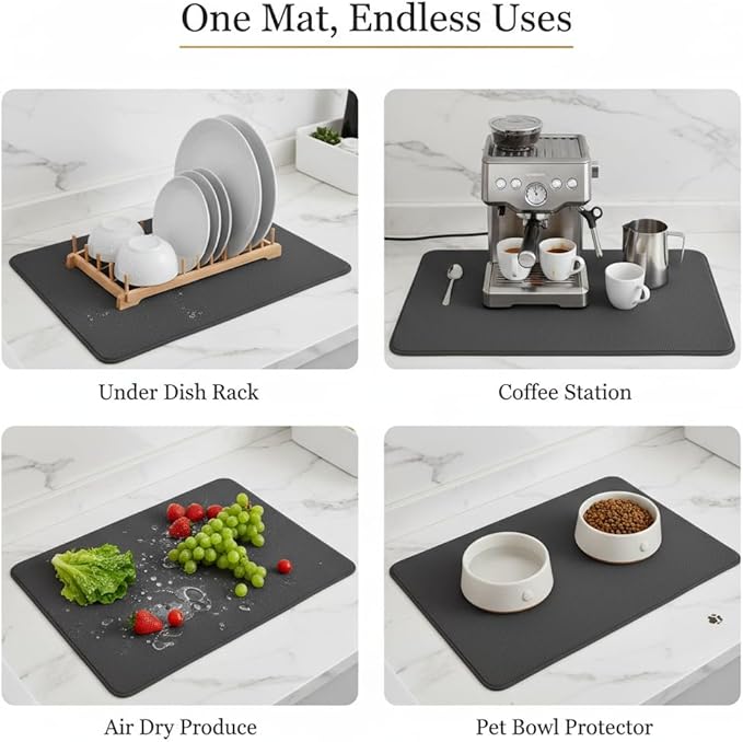 Dish Drying Mat Super Absorbent – 16" x 18" Coffee Mat for Countertops – Non-Slip Drying Mat for Kitchen Counter – Easy to Clean Water Absorbent Mat – Quick Dry Dish Mats (Dark Gray)