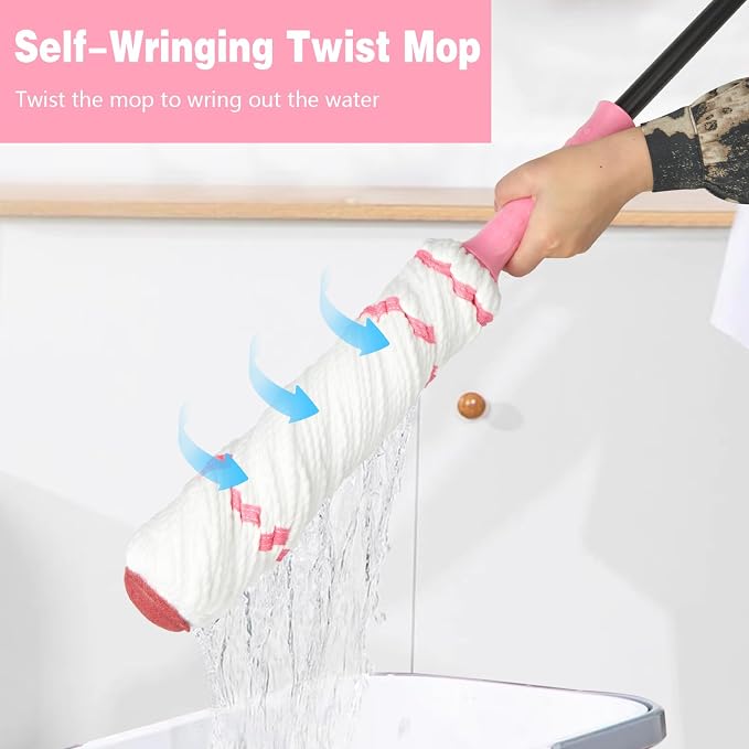 Broom and Dustpan Set+Self-Wringing Twist Mop for Floor Cleaning, 57” Long Handle Heavy Duty Microfiber Mop for Wet Mopping on Tile, Hardwood, Kitchen, Bathroom, Patio, Garage