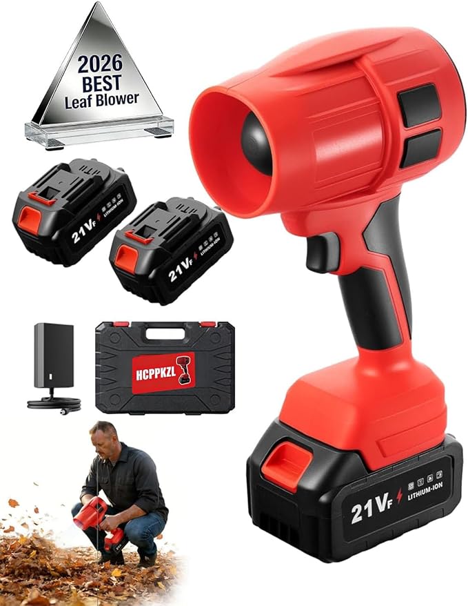 Power Leaf Blower 21V Cordless Lightweight Handheld Electric Turbo Jet 2x4Ah Batteries Fast Charger 1000,000 RPM High Speed with Ergonomic Handle for Yard Cleaning Lawn Maintenance Blowing Leave (Red)