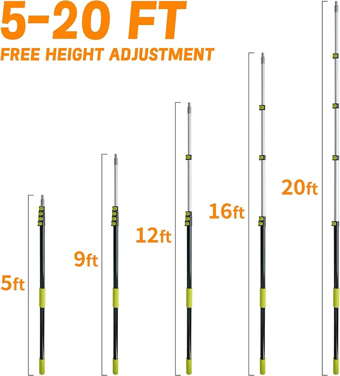 20 Feet High Reach Window Squeegee with 5-20Ft Extension Pole, Window Cleaner Tool with 5-Stage Telescoping Pole, Window Cleaning Kit with Rotatable Head