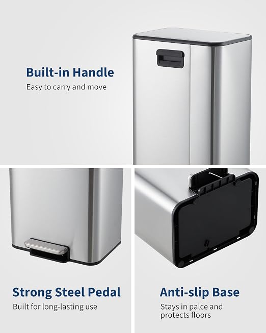 GarveeHome 4.8 Gallon Trash Can, Rectangular Stainless Steel Waste Bin with Quiet Foot Pedal, Soft-Close Lid & Removable Bucket, Silver Garbage Can for Office, Small Kitchen, Home