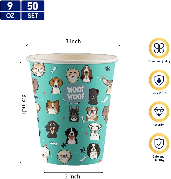 50Pcs Pet Dog Paper Cups Vintage Puppy Birthday Party Disposable 9oz Paper Cups for Sports Supplies Decorations Drinking for Birthday Party Favors
