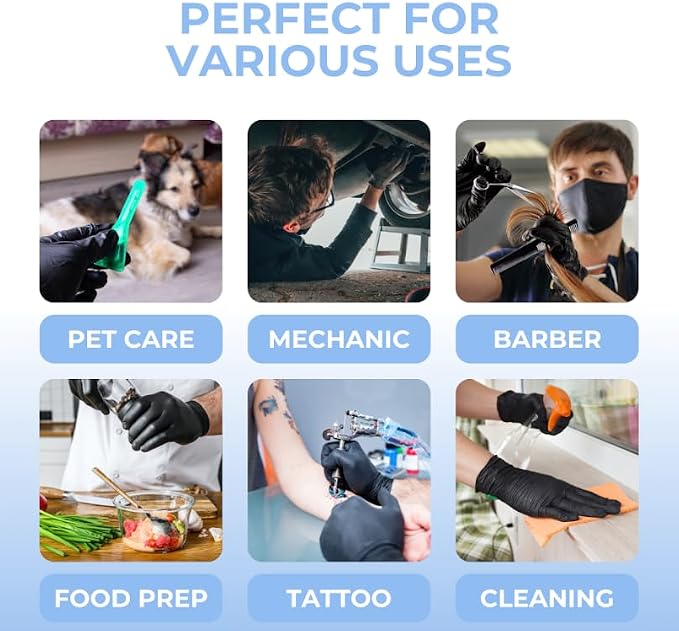 HandCare 4 Mil Black Nitrile Disposable Gloves, Powder-Free & Latex-Free for Tattoo, Food Prep & Cleaning