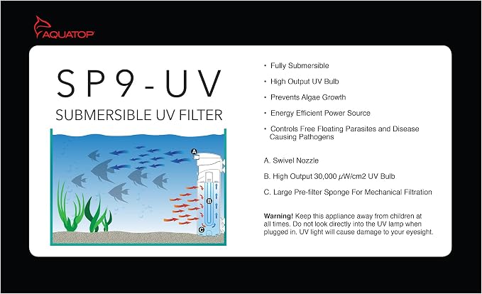 Aquatop 264 GPH Internal Filter with 9W UV Light - for Up to 100 Gallon Fish Tanks, UV for Crystal Clear Water, Fresh & Saltwater Use, Aquarium Filters for Fish & Turtle Tanks, SP9-UV