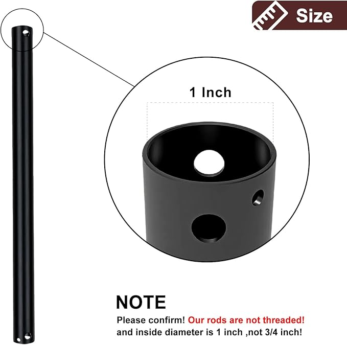 72 Inch Ceiling Fan Downrod, 1" Diameter Black Ceiling Fan Extension Rod (No Threads),Universal Down Rods for Ceiling Fans,Easy Installation