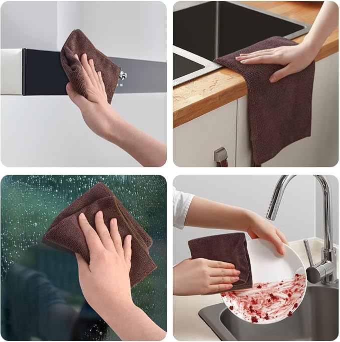 SINLAND Absorbent Microfiber Dish Cloth Kitchen No Streak Cleaning Cloth Dish Rags Lens Cloths 12 Inch X 12 Inch 12 Pack Dark Brown