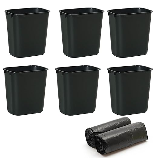 6 Pack Black Small Trash Can with 2 Roll Trash Bags 2 Gallons 8L Plastic Trash Bins Garbage Bin Container for Bedroom Office and Kitchen