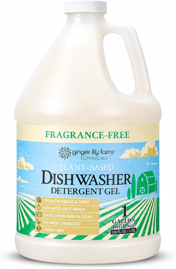 Ginger Lily Farms Plant-Based Dishwasher Detergent Gel, Fragrance-Free, 1 Gallon (128 Fl Oz) Refill, Eco-Friendly, 100% Vegan & Cruelty-Free