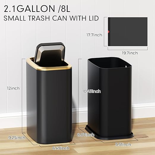 Bathroom Trash Can with Lid 8L/2.1 Gallon Black Trash Can Small Garbage Can with Swing Top Lid Slim Stainless Steel Garbage Can with 100 Counts Trash Bags for Bathroom Bedroom Kitchen Office Toilet