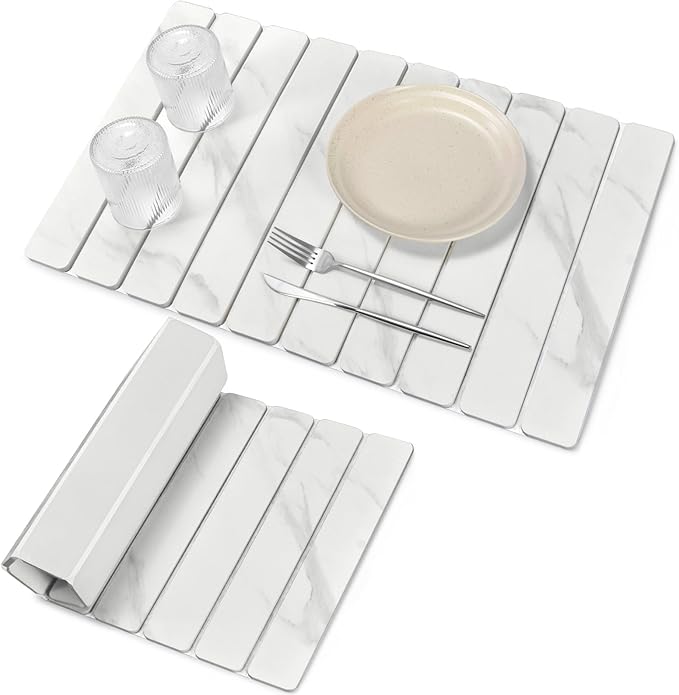 Large Stone Dish Drying Mats for Kitchen Counter, 24"(L)×16"(W) Marble-Pattern Dish Drying Mat, Eco-Friendly Absorbent Diatomaceous Earth Mats for Dishes Bottles, Match Any Countertop