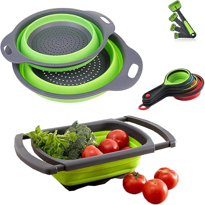 New Version 11Pack Silicone Kitchen Strainer Collapsible Colander with Foldable Silicone Measuring Spoon Measuring Cup Kitchen Good Tools (Green) 9.6 * 1.1