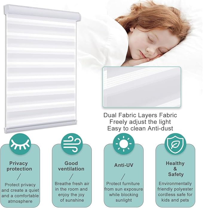 MYshade Cordless Zebra Blinds with Free-Stop Function - Dual Layer Light Filtering & Privacy Sheer Shades for Day and Night - Easy Install Window Shades for Home, Living Room, 38" W x 72" H,White