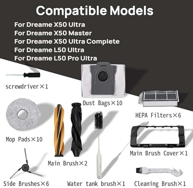 38 Pcs Replacement Parts for Dreame X50 Ultra/ L50 Ultra/and Mova V50 Ultra Vacuum Cleaner Accessories Kit，2 Set Main Brush，1 Main Brush Cover,10 Mop Pads,10 Dust Bags,6 Side Brush,6 Filter