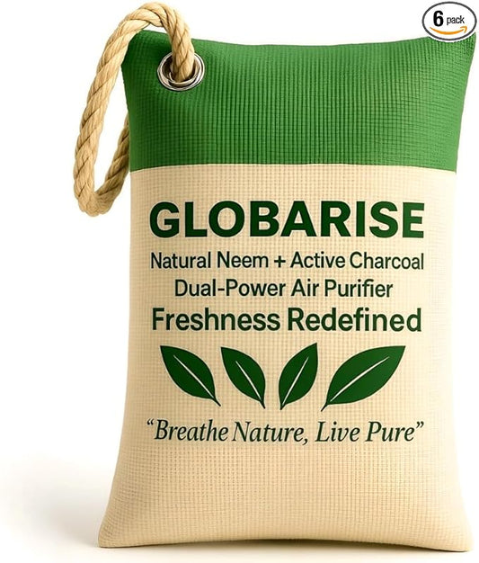 GlobaRise™ Dual Power Charcoal + Neem Odor Absorber Bags Natural Air Purifier Bags for Home, Car, Shoes & Pets | Activated Charcoal Deodorizer Eliminator | Eco-Friendly & Reusable | 100g, Pack of 6