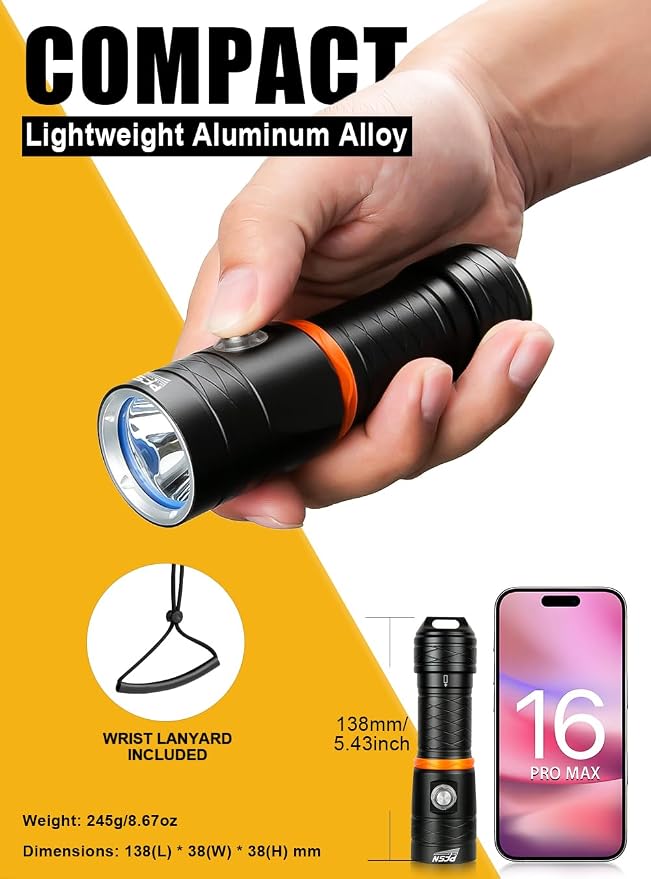 PFSN Scuba Dive Light 3500 Lumen, Underwater 150M Waterproof Diving Flashlight with 485M Narrow Beam, 20Hrs Runtime, Safety Lock Switch, Professional Rechargeable LED Dive Torch for Caving, Snorkeling