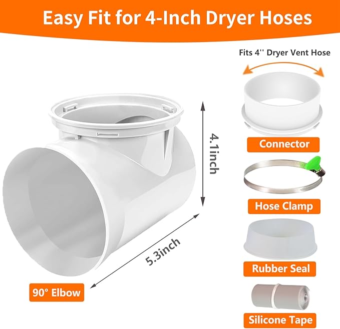 90 Degree Clothes Dryer Vent Elbow,Tight-Fit Connector for 4-Inch Dryer Duct Hose in Narrow Spaces