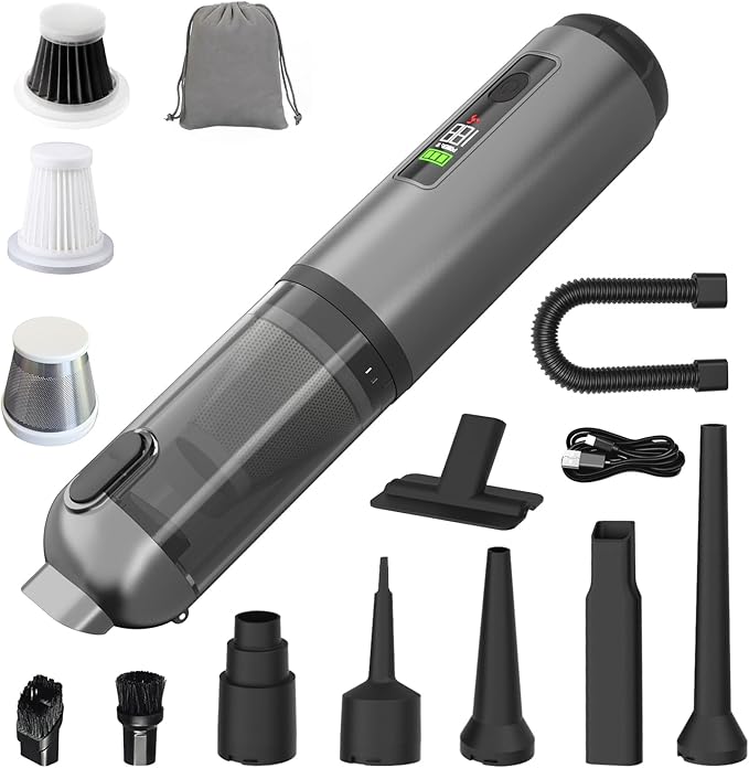 22000Pa High Power Handheld Vacuum Cleaner, 4-in-1 Cordless Car Vacuum & Air Duster with LED Display, USB-C Rechargeable Vacuum for Car Home Office Pet Camping