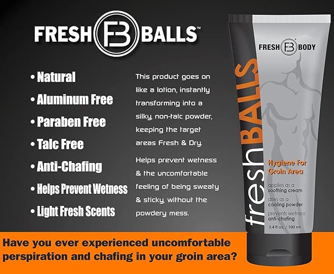 Fresh Body FB Balls On-The-Go Anti-Chafing Lotion, 0.07 Fl Oz Travel Size Packet - Men's Soothing Cream to Powder - Ball Deodorant and Hygiene for Groin Area (Pack of 60)