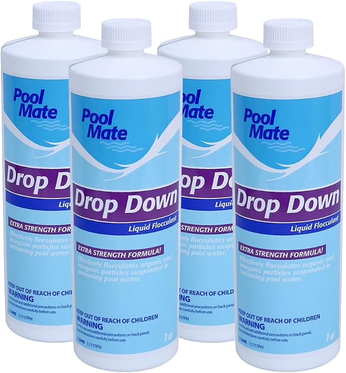Pool Mate 1-Quart 4-Pack Premium Drop Down Liquid Flocculant, Pool Clarifier, Made in USA