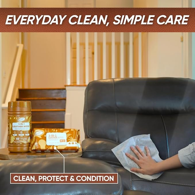 Air Jungles 3in1 Leather Wipes 50 Count (Pack of 3), Extra Large 8" x 10" Size, Clean Condition Protect Wipes for Leather Car Seat, Furniture Couch, Shoes Boots Bags Purse Apparel