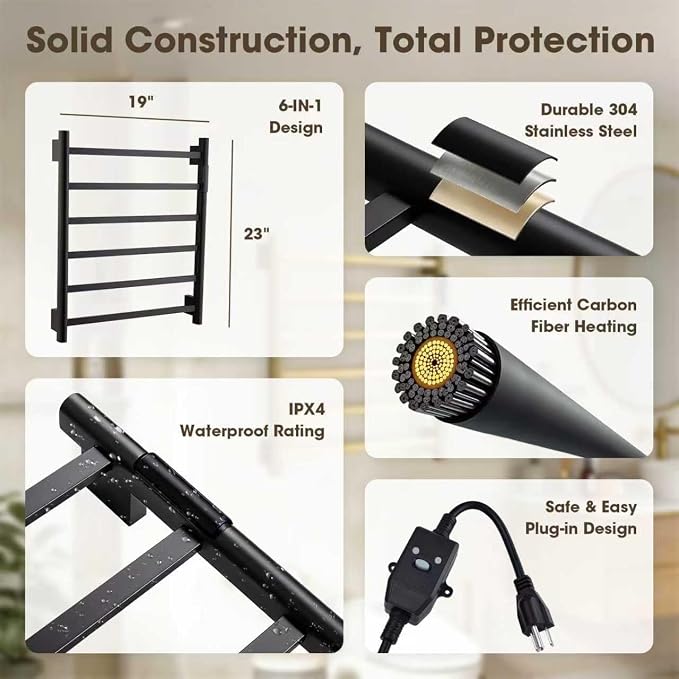 TRUSTMI Electric Towel Heated Rack, Wall Mounted 6 Bar Towel Warmer Cloth-Dryer with Built-in Timer and Temperature Indicator, 1-24 Hour, 115°F-155°F, Touch-On, Matte Black