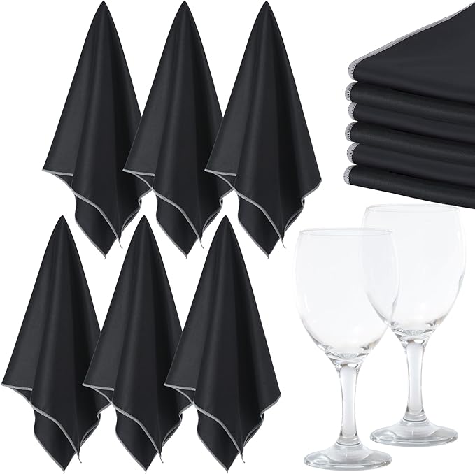 VitalCozy 6 Wine Glass Cleaning Cloths Large Microfiber Polishing Cloths 25 x 20 Inch Lintless Towels for Drying Wine Glasses Cleaning Window Stemware Dishes Glassware (Black)