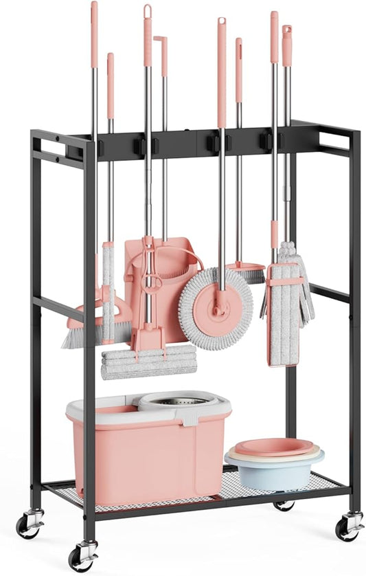 Broom and Mop Holder, MUNNAR Broom Closet Storage Cabinet, Cleaning Cart with Broom and Mop Hanger, Janitorial Cart with Wheels for Household, Laundry Room Organization
