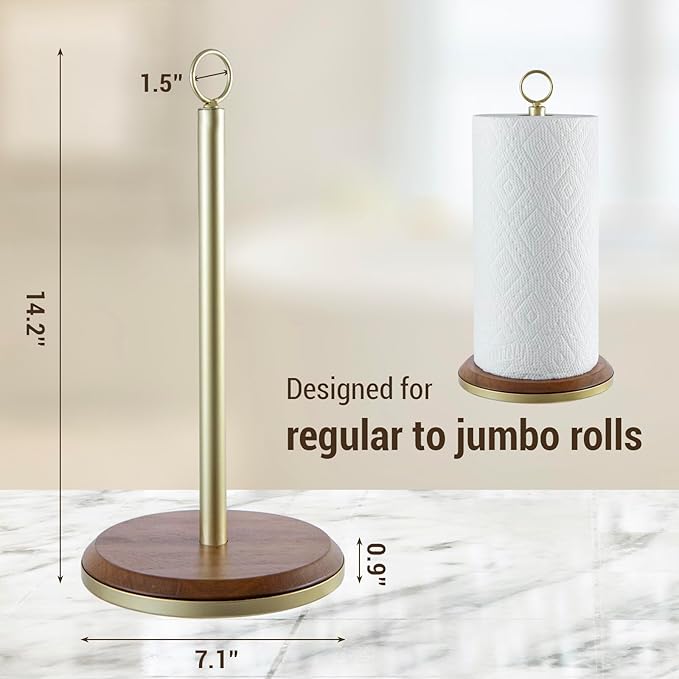 MyGift Premium Acacia Solid Wood Countertop Paper Towel Roll Dispenser Stand with Brass Tone Metal Spindle and Top Carrying Ring, Table Standing Holder for Disposable Kitchen Towels