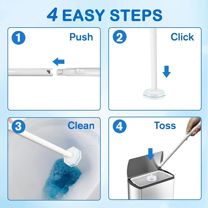 Disposable Toilet Brush and Holder Set, 60 Pre-Filled Refills, 5X Powerful No-Shed Pads, 360° Deep Toilet Bowl Clean, Toilet Bowl Cleaners with Storage Caddy & Adhesive Hooks