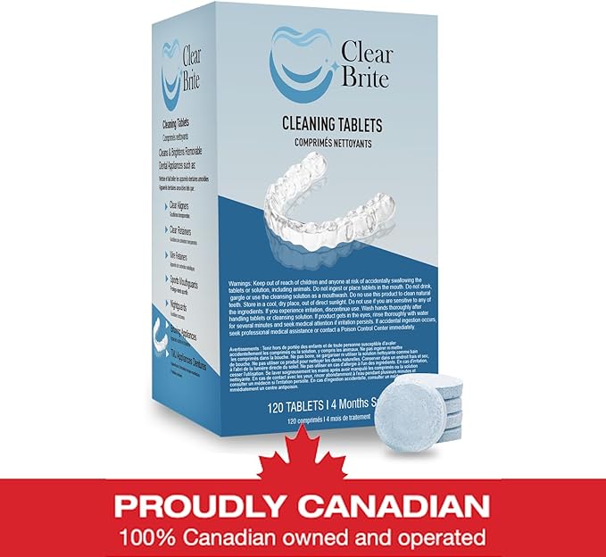 Proudly Canadian ClearBrite Naturals Retainer Cleaner Tablets, 120 Tablets (4 Month Supply), Extra Strength for Retainers, Aligners, Night Guards, Mouth Guards & Dentures
