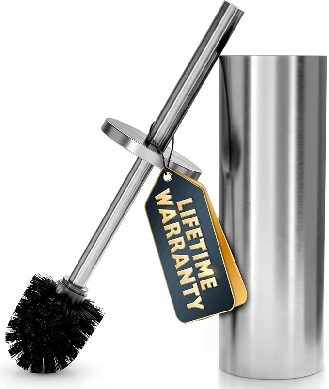 Stylish Stainless Steel Toilet Brush and Holder Set - Silver Toilet Bowl Brush and Holder with Splash Cover, Sturdy Bristles, Corrosion & Scratch Resistant - Elegant Design, Effective Deep Cleaning