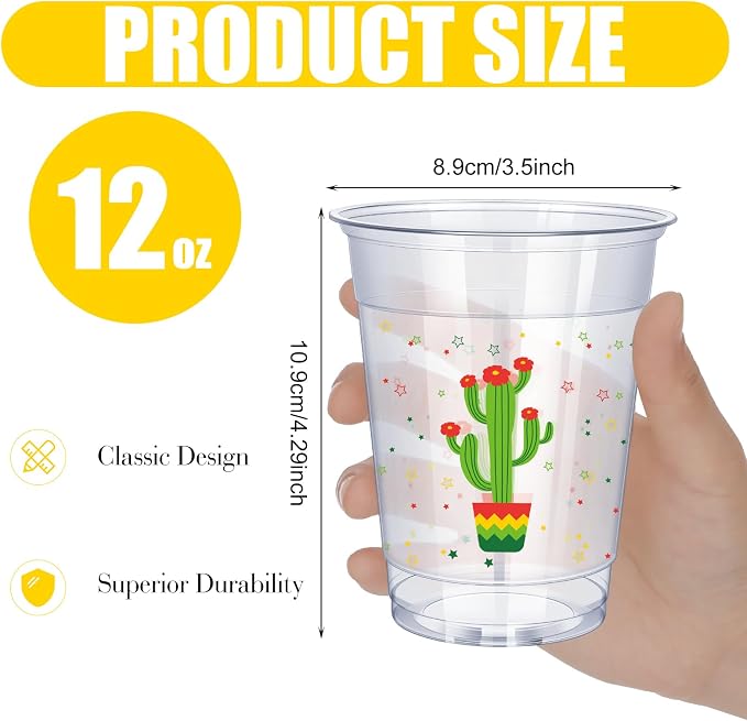 meekoo 100 Pcs 12 oz Fiesta Cup Plastic Mexican Cup Clear Disposable Margarita Glasses Cinco De Mayo Party Decorations for Taco Bout Bar Night Tequila Birthday Party Drinkware Supplies, 4 Style