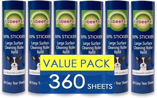 8 inch Large Surface Roller Refill for Scotch-Brite 50% Stickier Lint Roller, Works Great On Pet Hair (60 Sheets per Roll, 6 Pack)