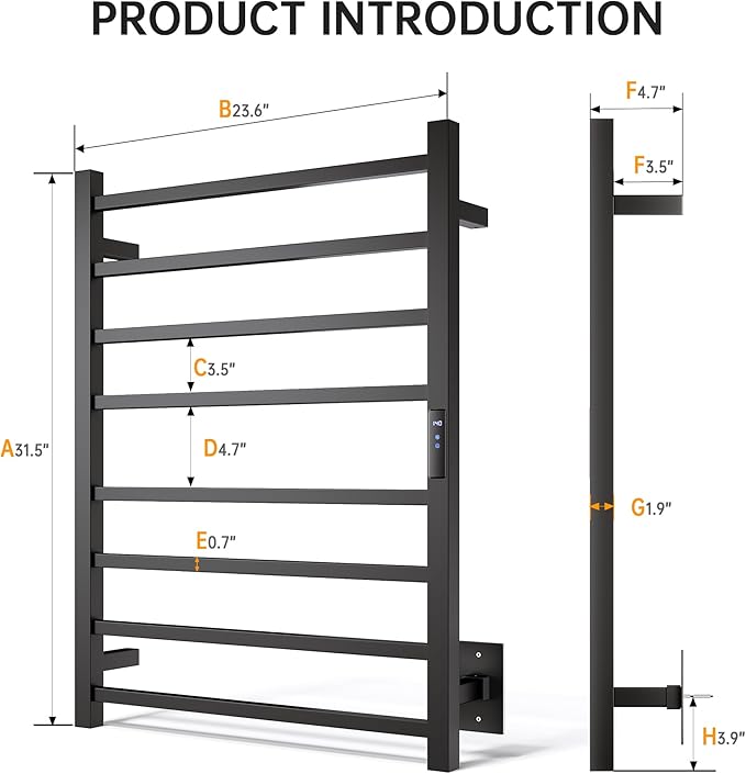 Towel Warmer Rack, Heated Towel Racks for Bathroom, Wall Mounted Towel Warmer, Stainless Steel 8-Bars Drying Rack with Intelligent Touch Screen Timer, Matte Black